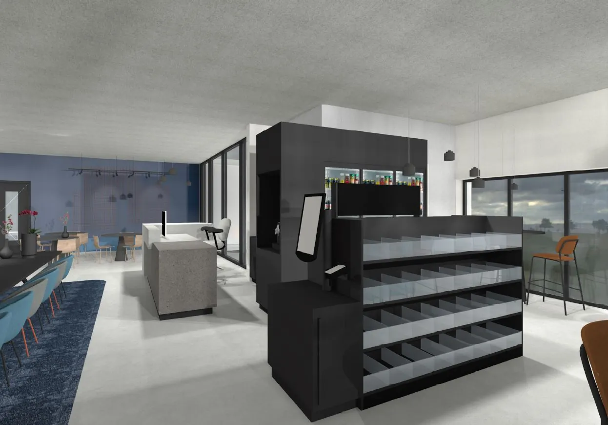 Moderne kantineruimte in Waalhaven-Oost met zithoeken, een zelfbedieningswinkel en grote ramen met uitzicht.